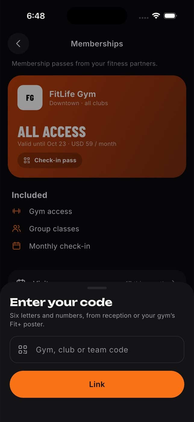 The Memberships screen with the Enter your code sheet open