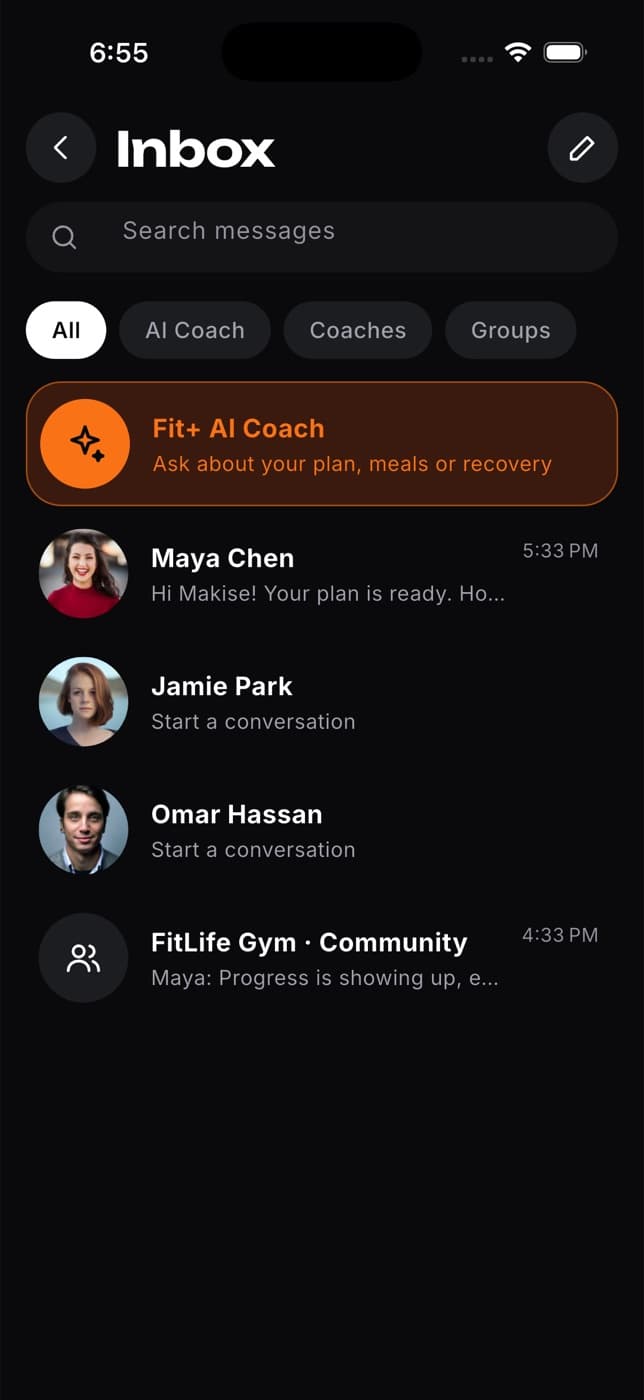 Inbox with a search field, filter chips, the Fit+ AI Coach row at the top and conversations with coaches