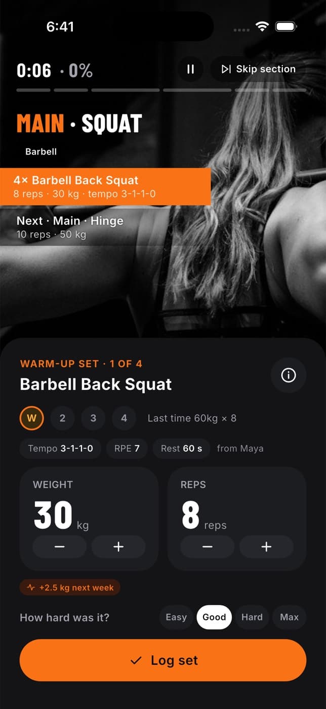 The Fit+ app's workout player showing an exercise, weight and reps controls and a Log set button