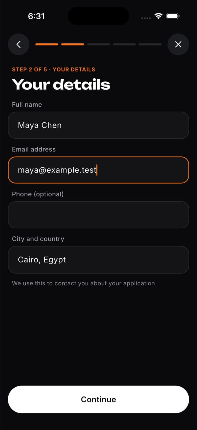 Your details with name, email, phone and city