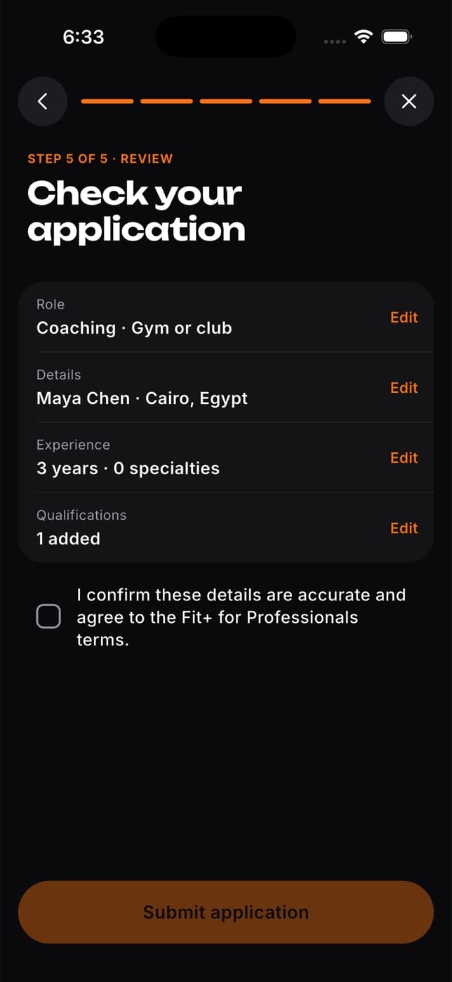 Check your application screen with edit links and a confirmation box