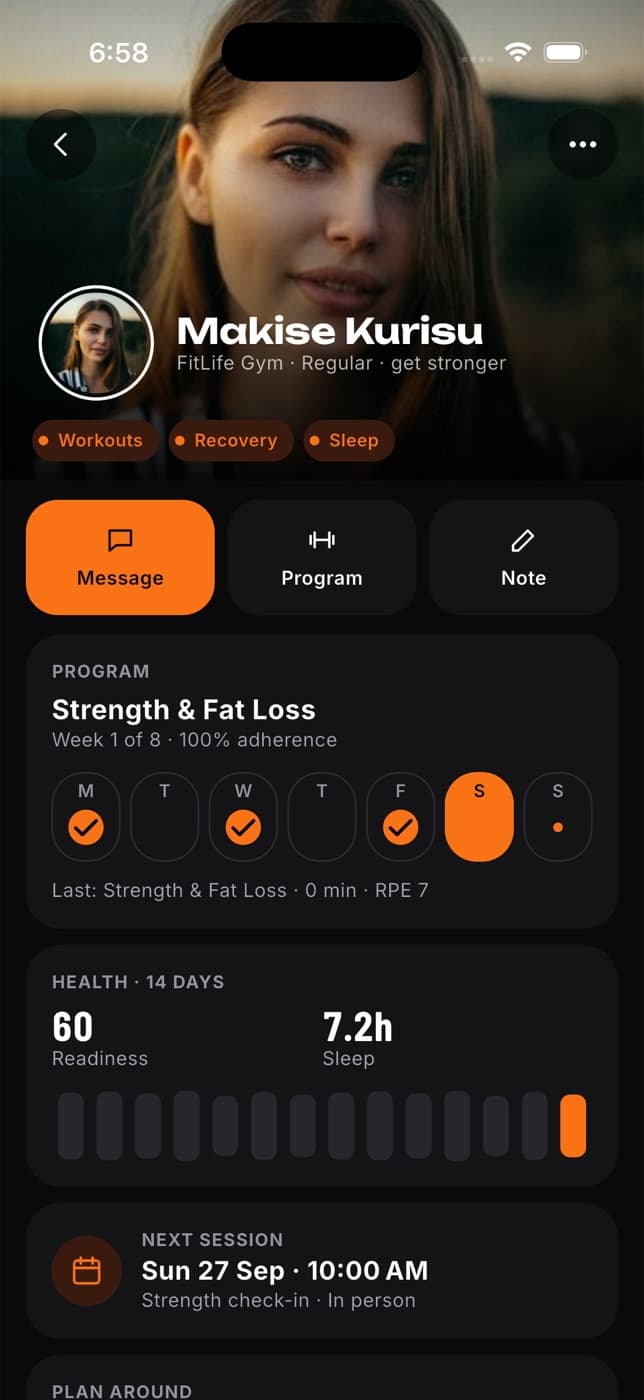 Client detail in the app with what they share, their program and 14 days of health