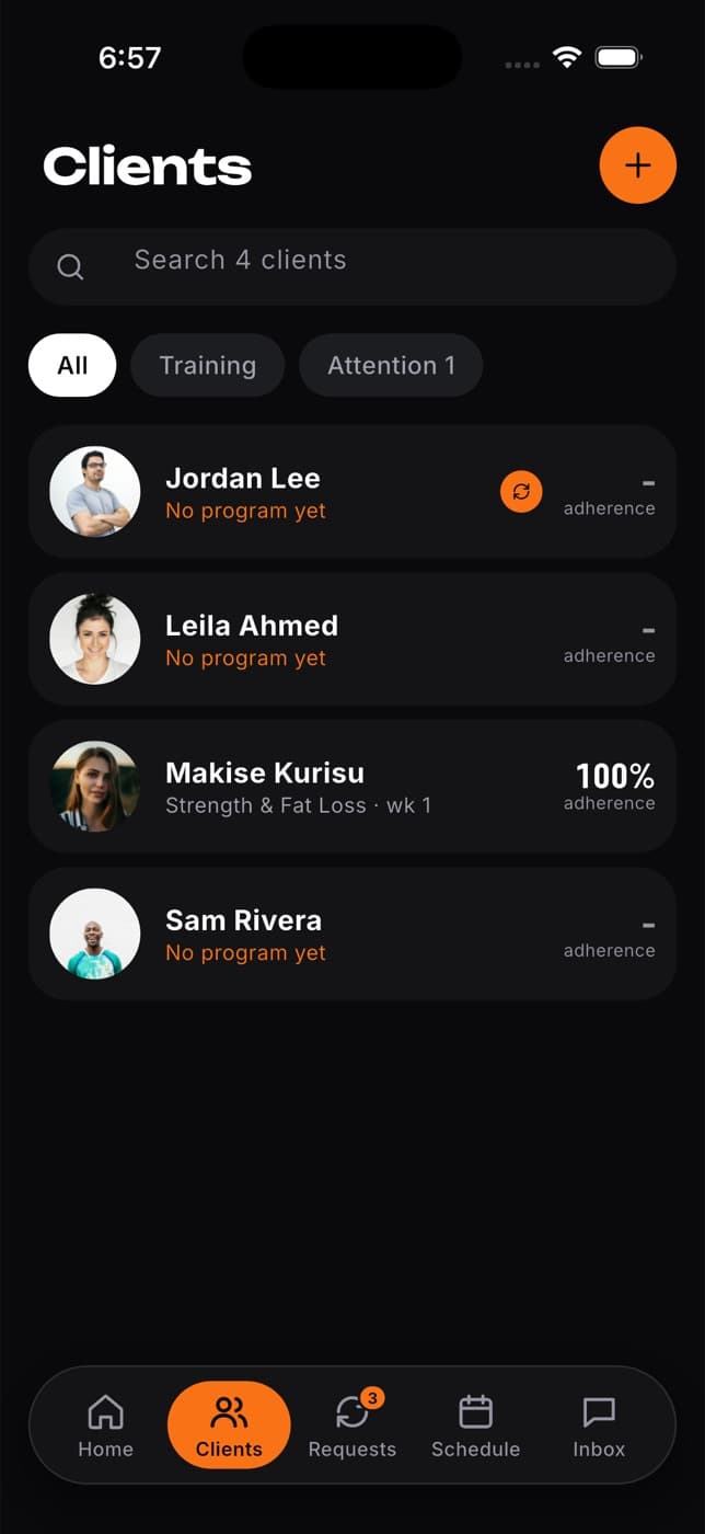 Clients tab in the app listing clients with their adherence