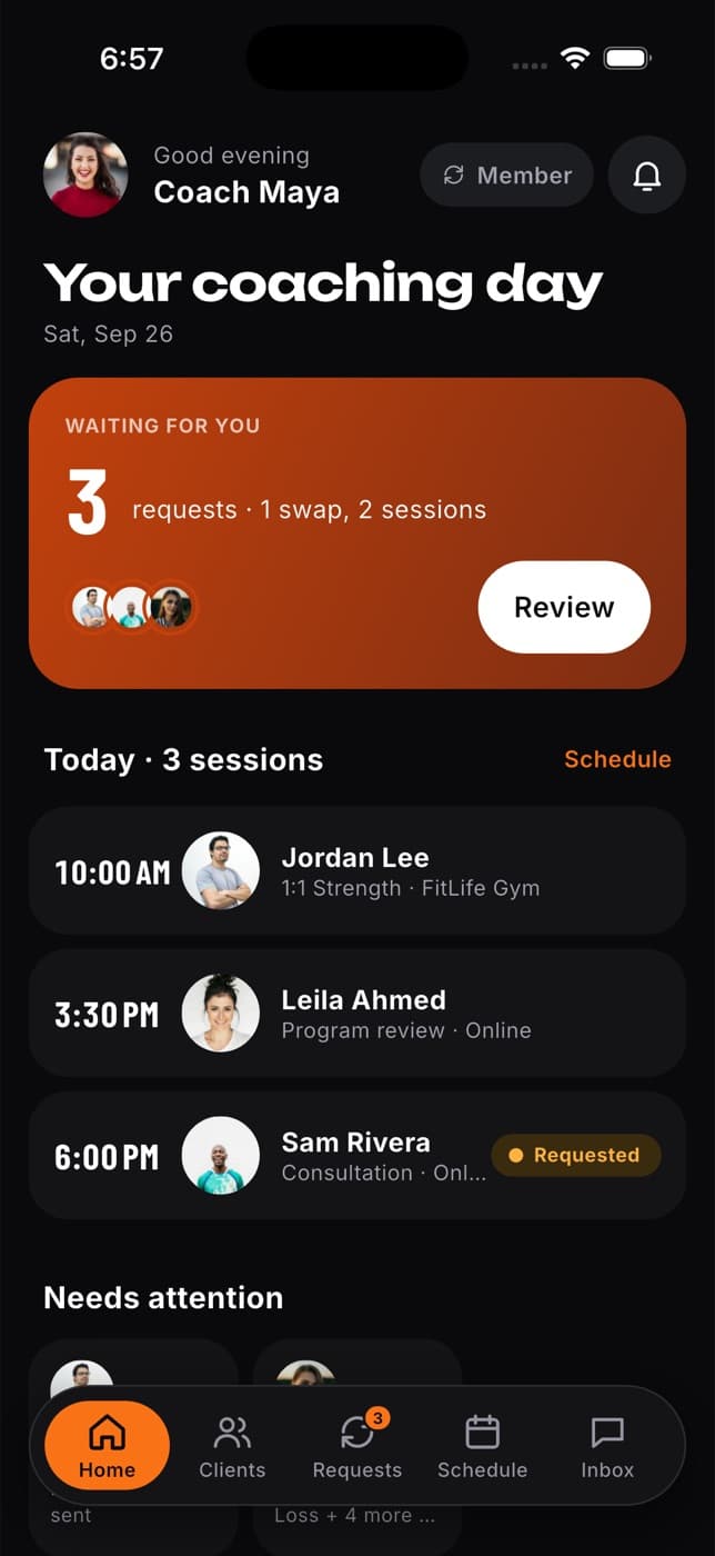 Professional home in the app with waiting requests, today's sessions and clients needing attention