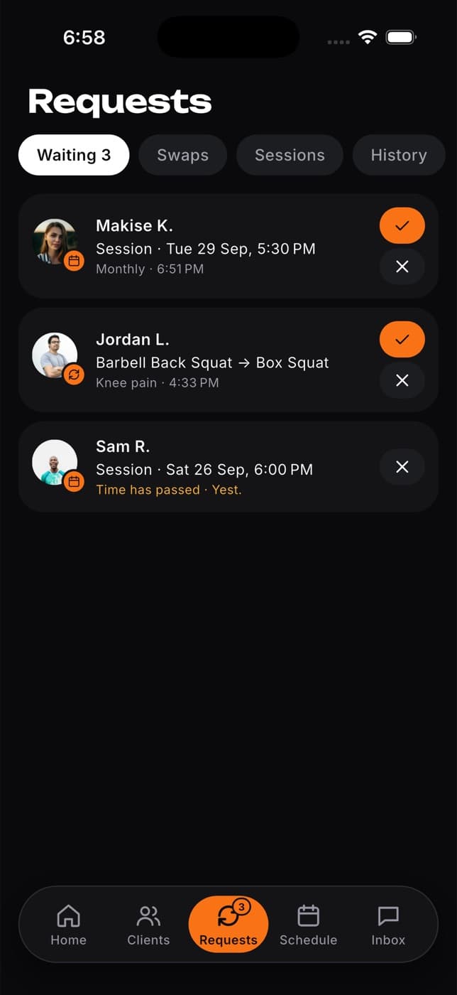 Requests tab in the app with a session request and a swap request