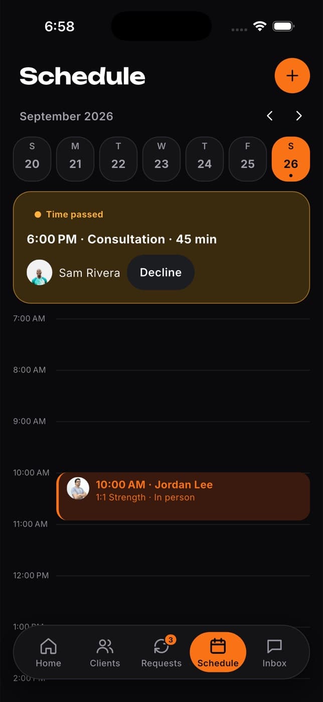 Schedule tab in the app with a day timeline of sessions