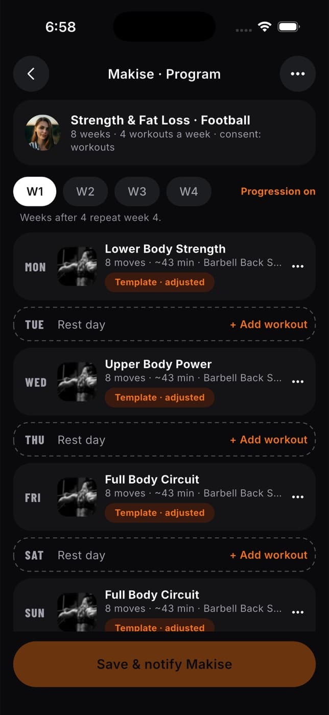 A client's program week in the app with workouts, rest days and a Save and notify button