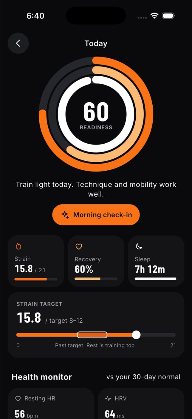 Readiness screen with a score of 60, advice to train light, a Morning check-in button and strain, recovery and sleep tiles