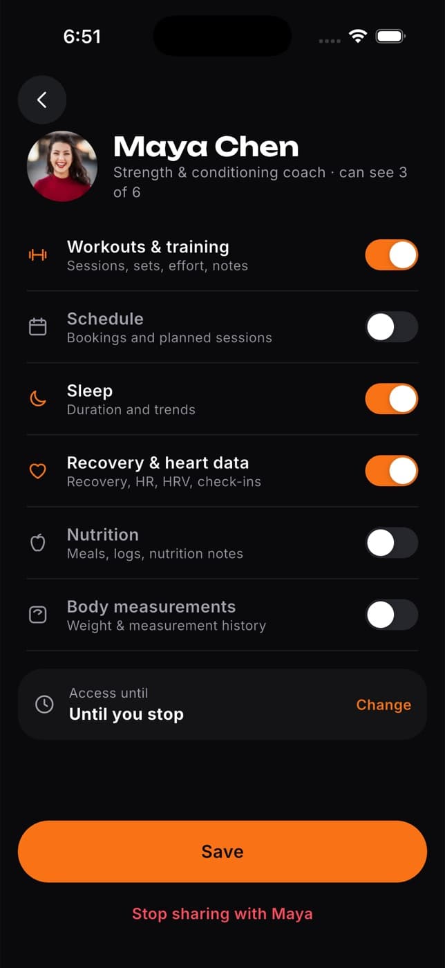 A coach's sharing settings with a switch for each category, Access until, Save and Stop sharing