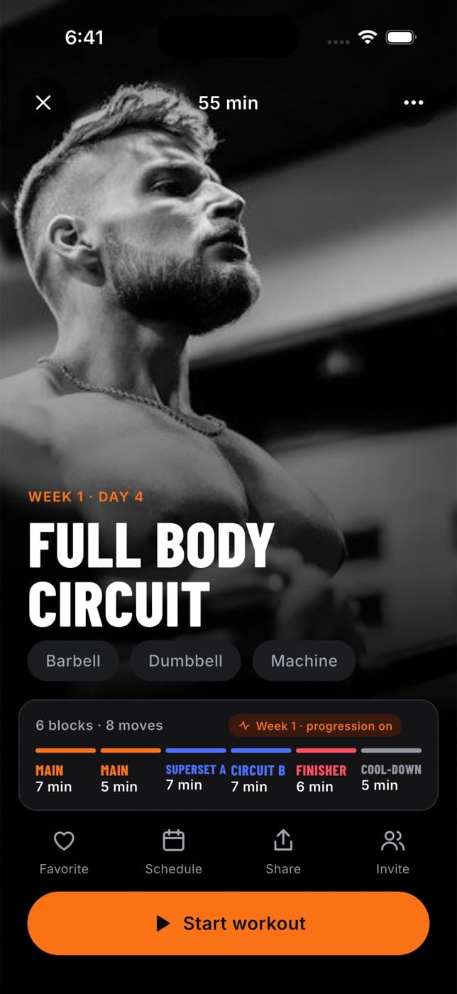 Workout preview for Full Body Circuit with equipment chips, a block summary and Favorite, Schedule, Share and Invite buttons above Start workout