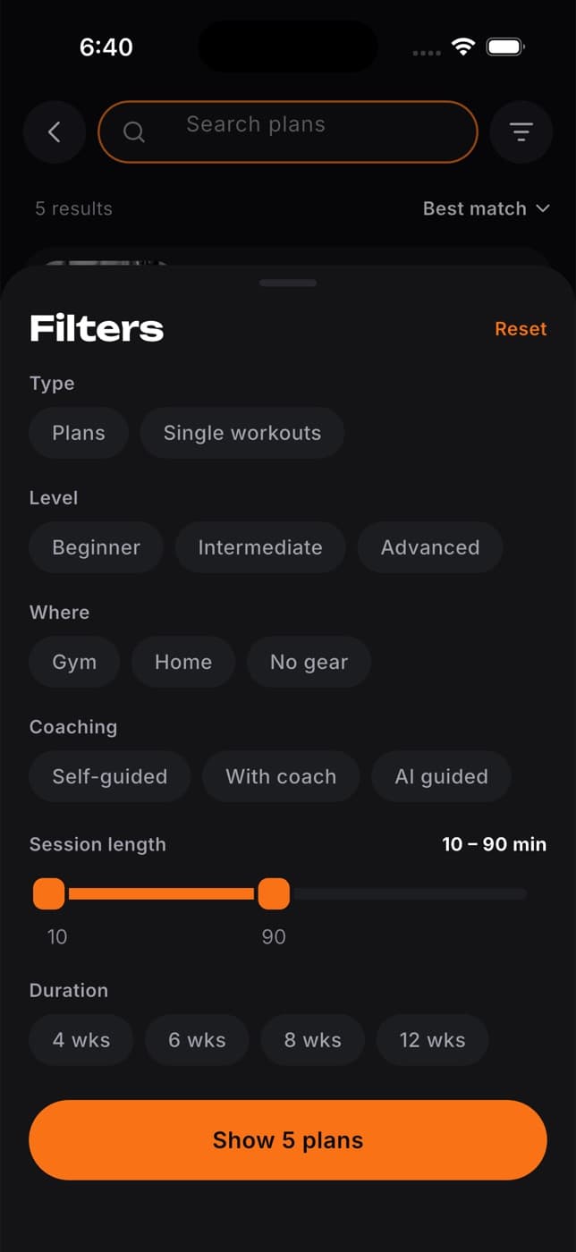 Filters sheet with chips for type, level, where and coaching, a session length range and a Show plans button