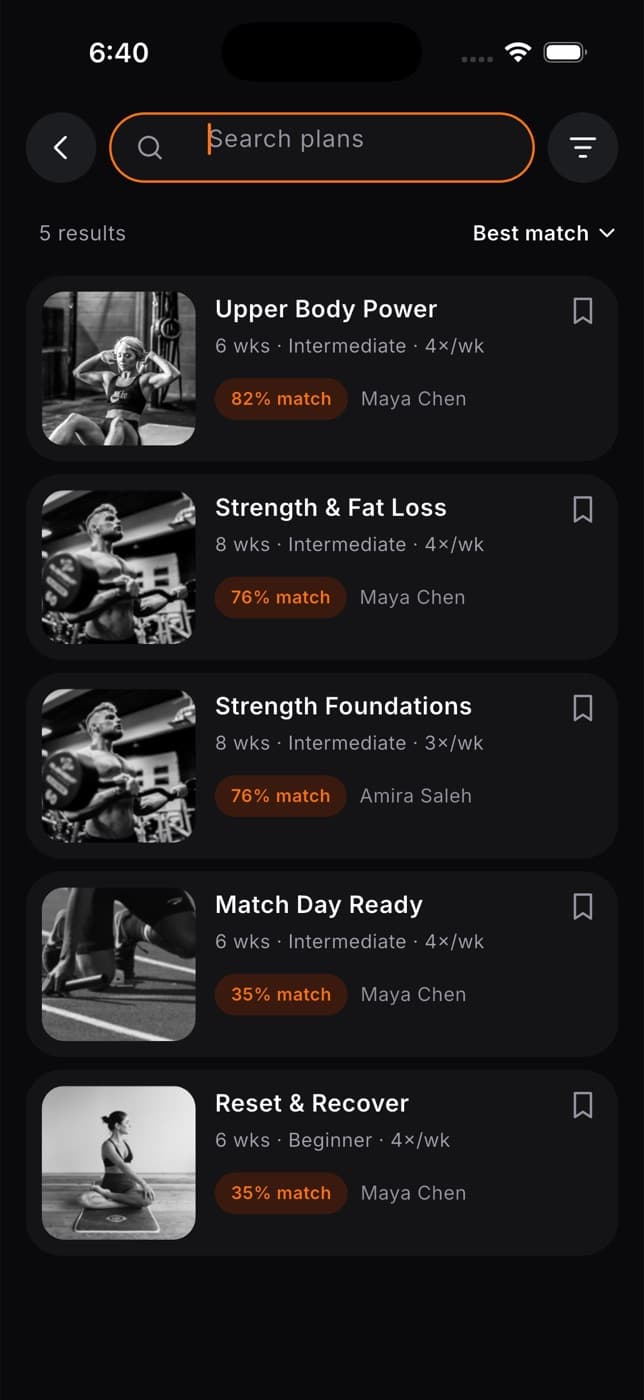 Search screen with a search field, a filter button, the number of results, Best match sort and a list of plans with match scores