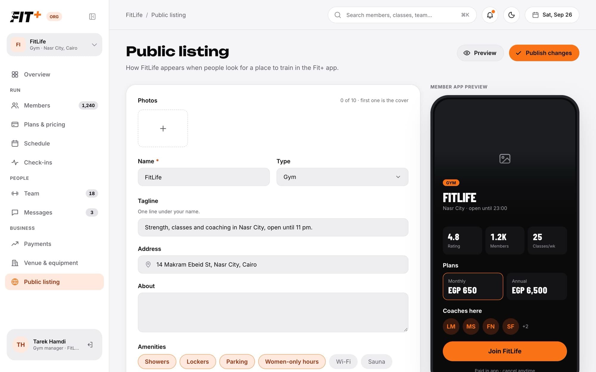 The Public listing editor with photos, name, type, tagline, address, about and amenities, next to a member app preview