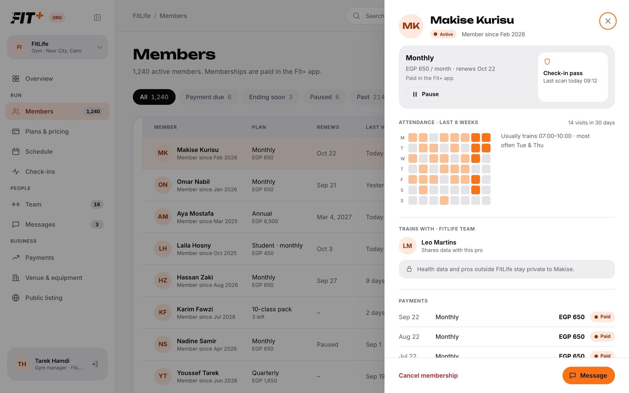 A member's profile with their plan, a Pause button, check-in pass, an attendance grid for the last 8 weeks, the coach they train with, a privacy note and their payments