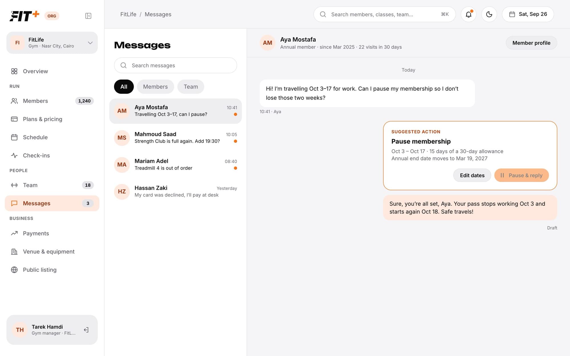 Messages with a list of conversations, a member asking to pause their membership, and a Suggested action card offering to pause it
