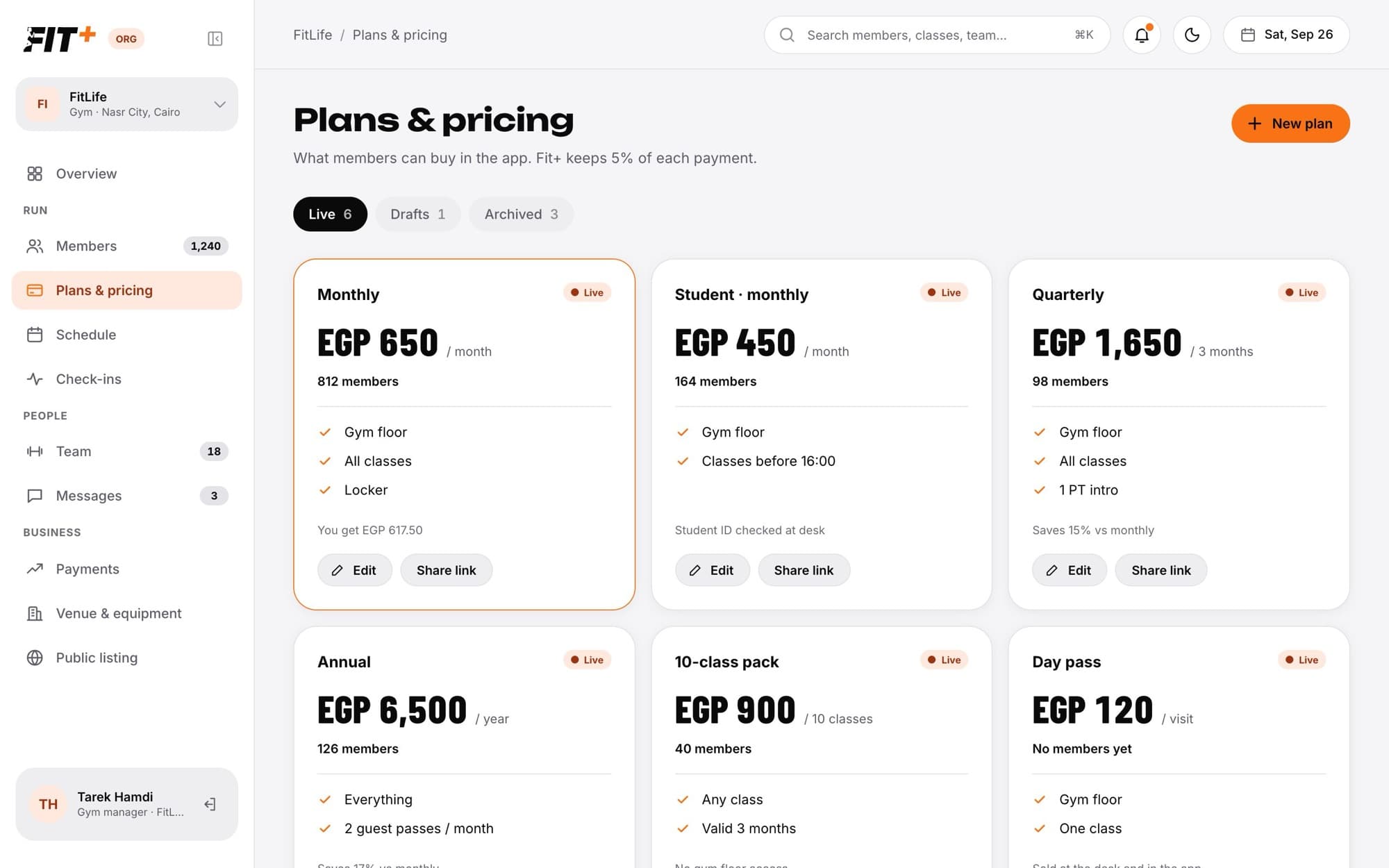 Plans & pricing with live plan cards for Monthly, Student monthly, Quarterly, Annual, a 10-class pack and a Day pass