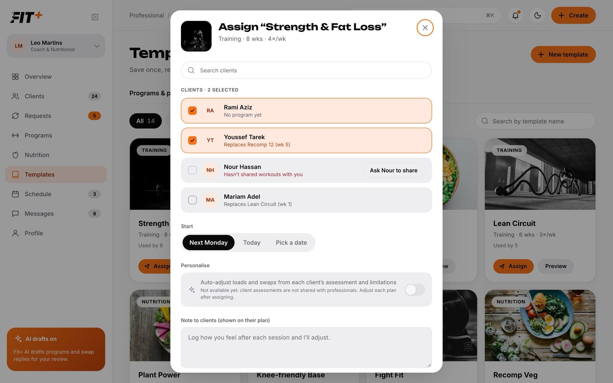 Assign template window with clients to tick, a start choice and a note to clients
