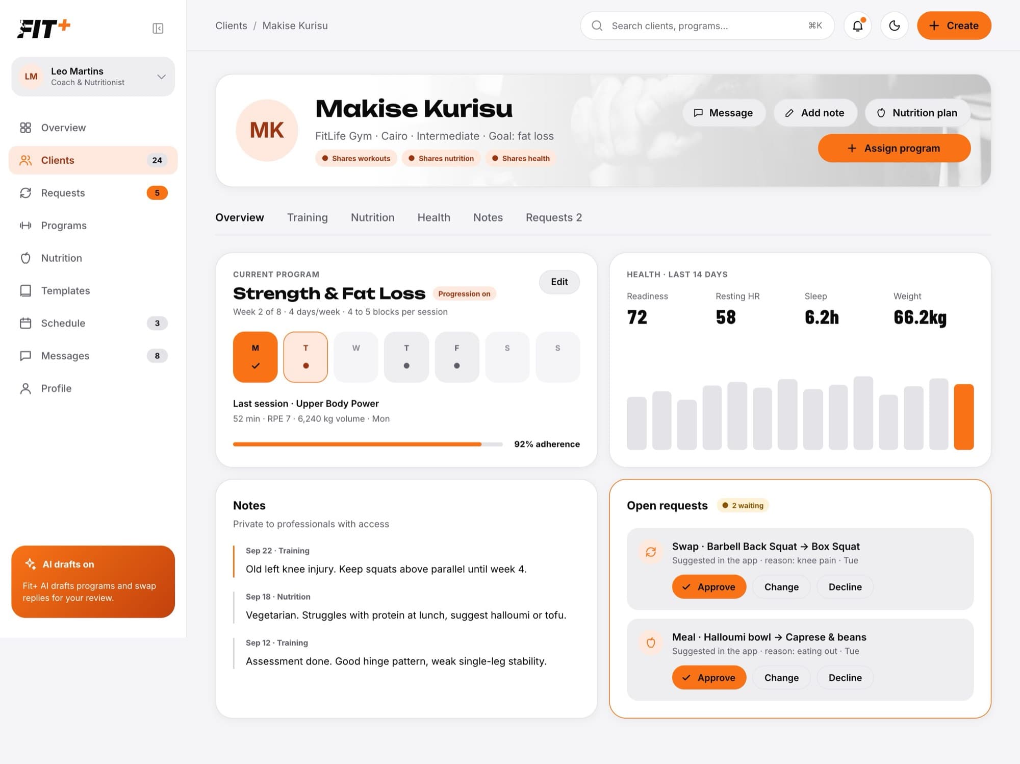 Client profile with sharing badges, current program, health numbers, notes and open requests