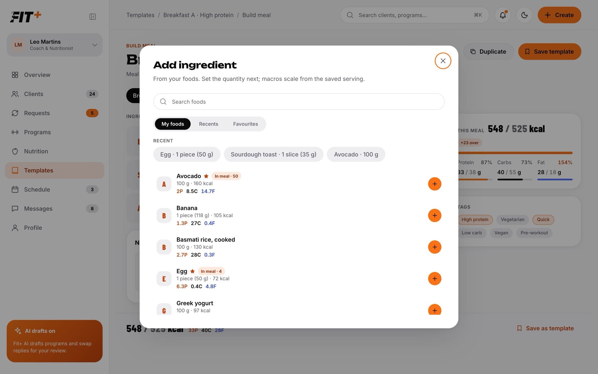 Add ingredient window with search, My foods, Recents and Favourites tabs and recent quantities