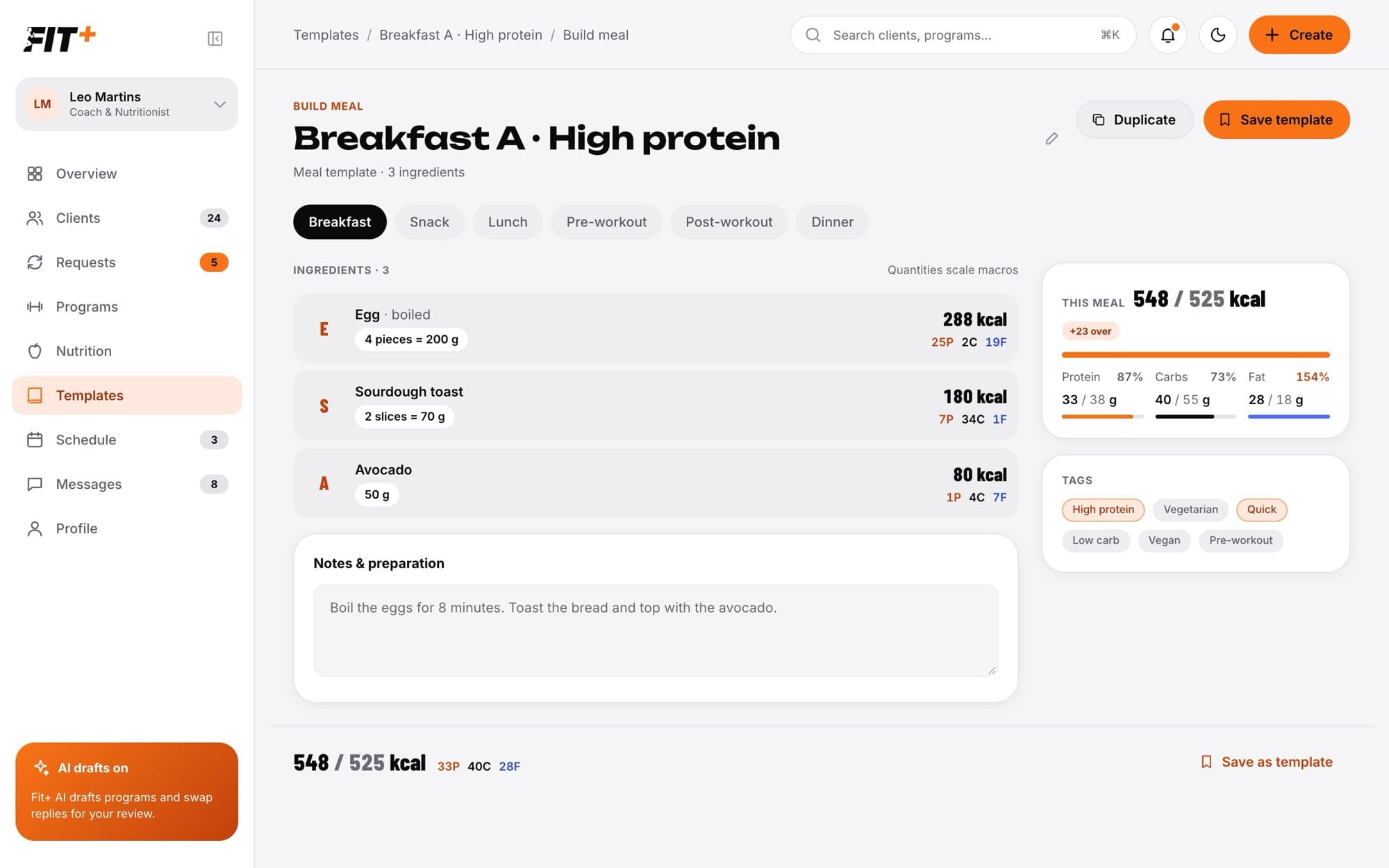 Meal builder with three ingredients, their quantities and calories, meal totals and tags