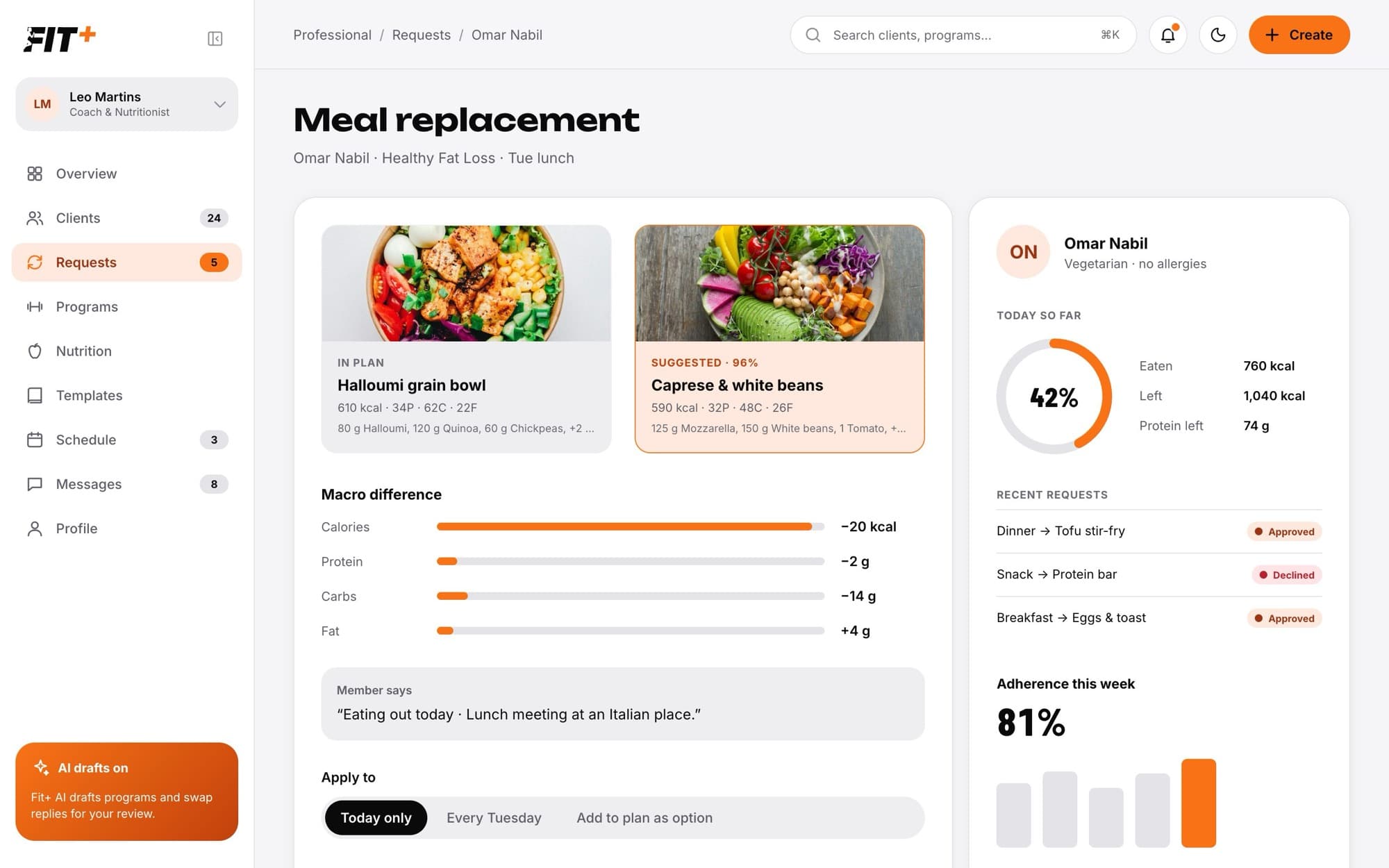 Meal replacement page comparing the planned meal with the suggested meal, the macro difference and the client's day so far