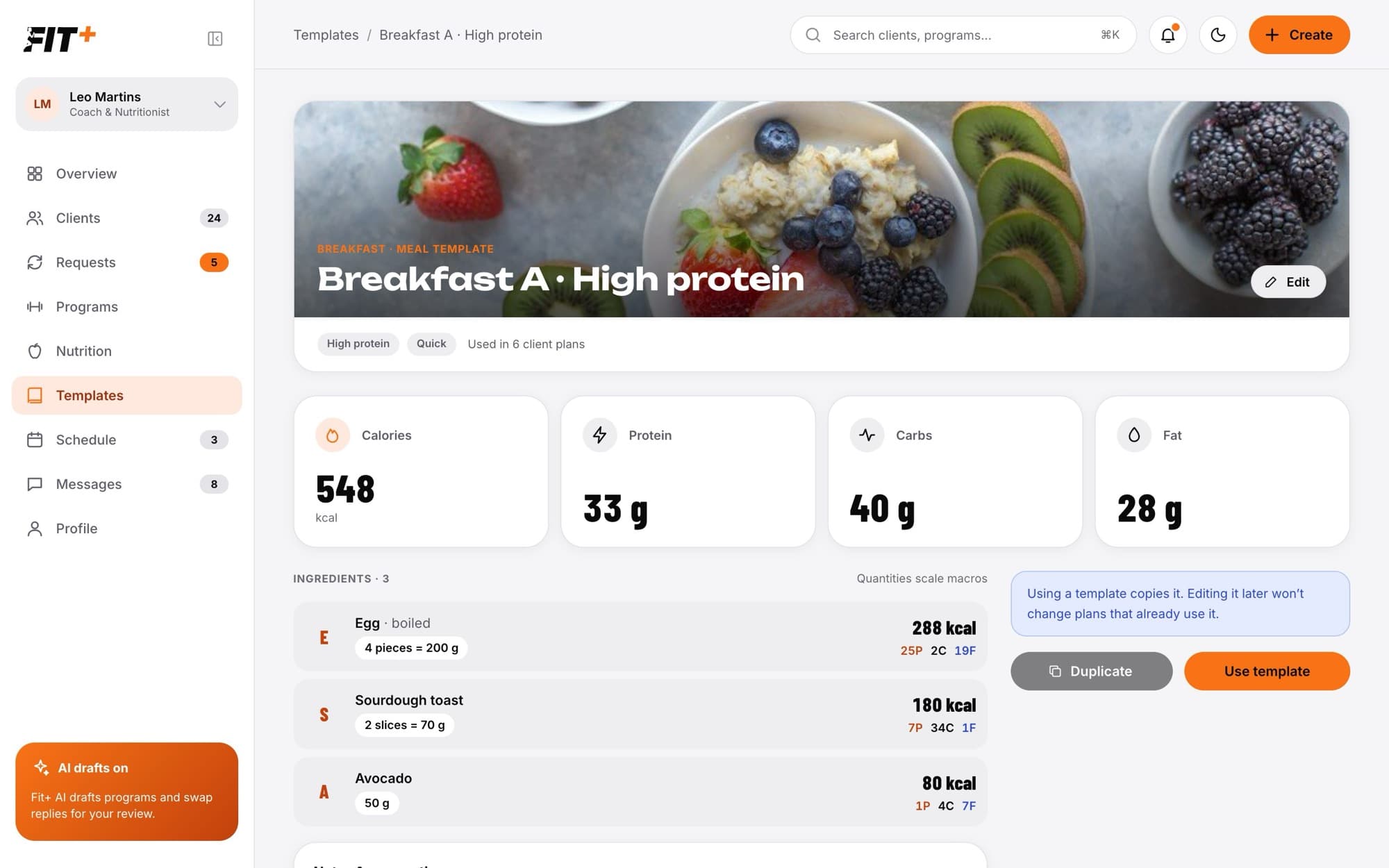 Meal template page with totals, ingredients and the number of plans that use it