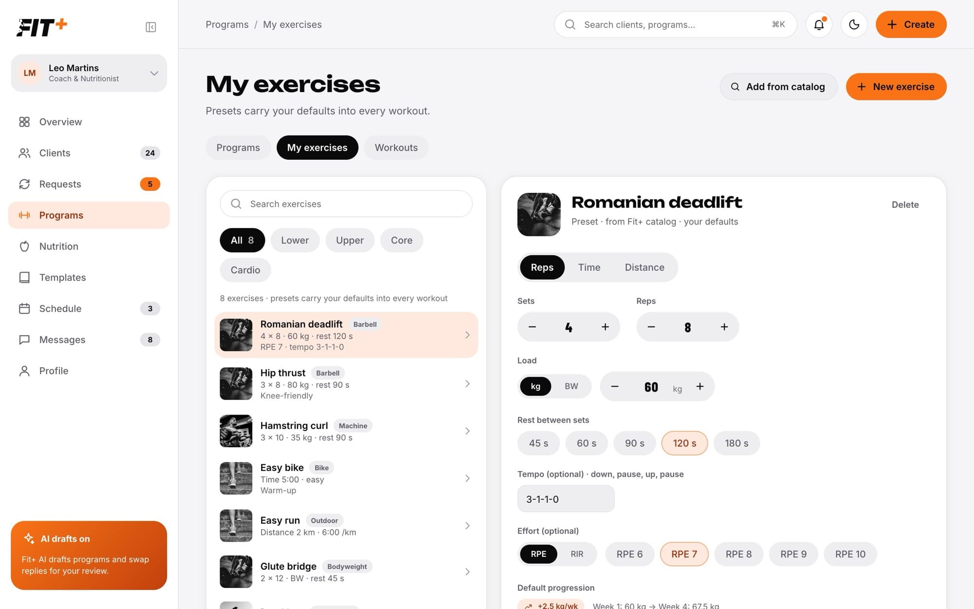 My exercises page with a list of saved exercises on the left and the editor for Romanian deadlift on the right