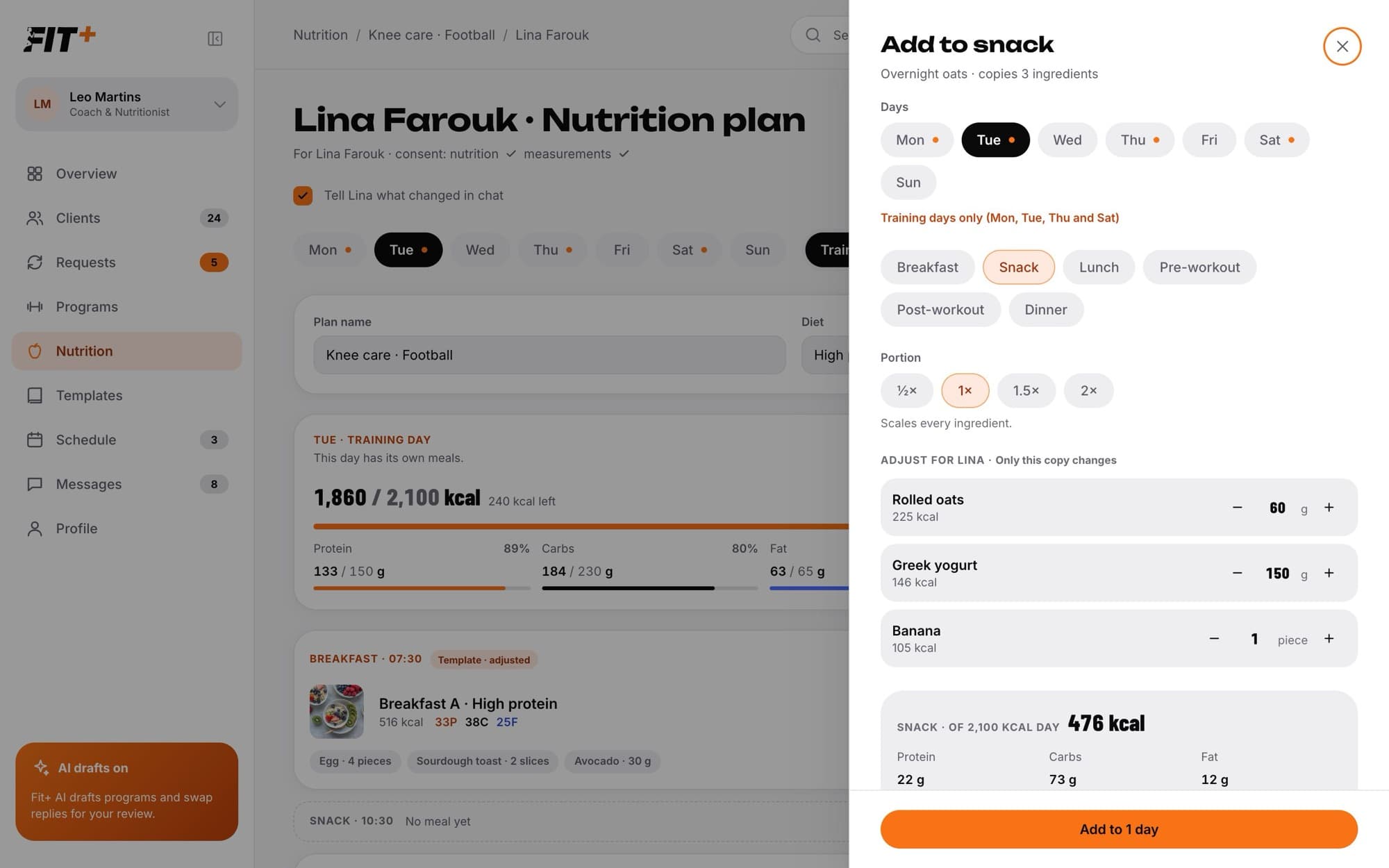 Add to snack panel with days, slot, portion and ingredient quantities for the client