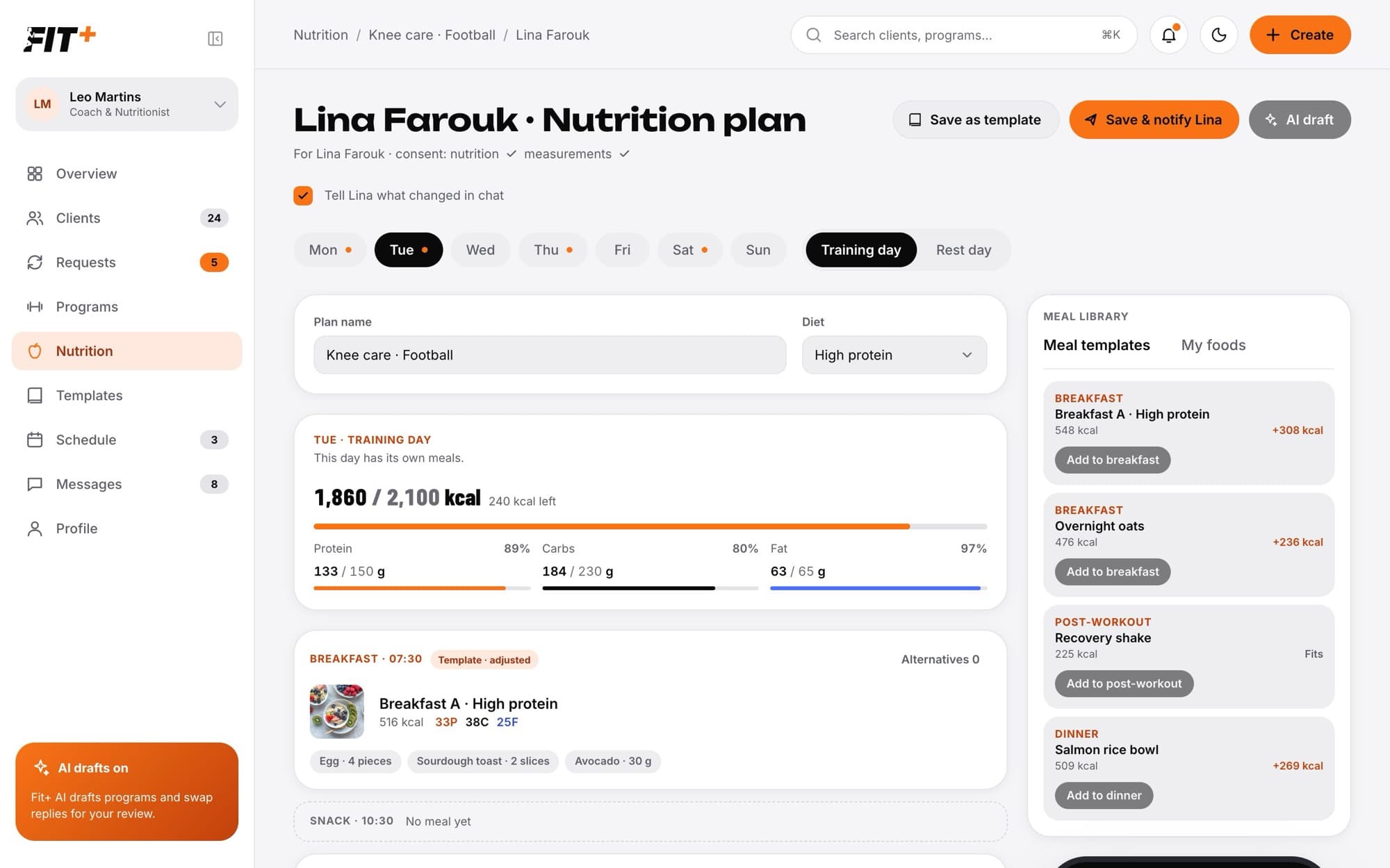 Nutrition plan for a client on a Tuesday training day with targets, meals and the meal library