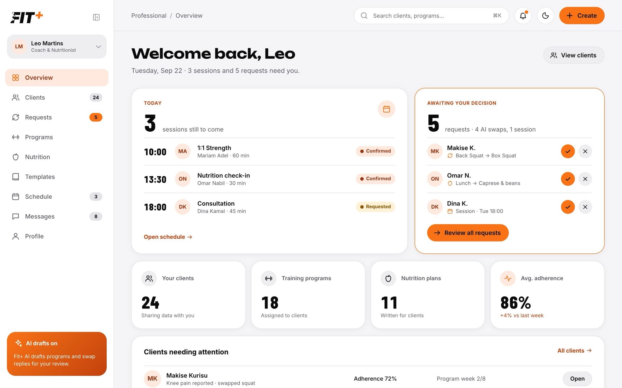 Fit+ Pro home page with today's sessions, requests waiting for a decision and practice numbers