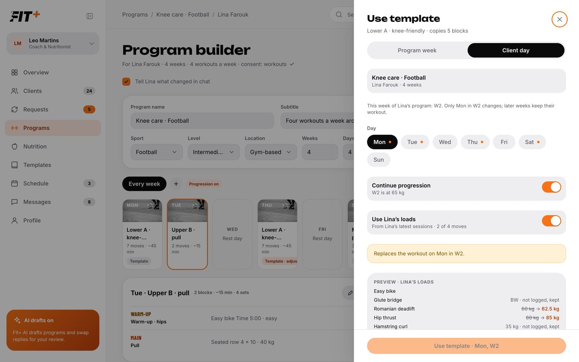 Use template panel on the Client day tab with the client's loads switched on and a preview of the new loads