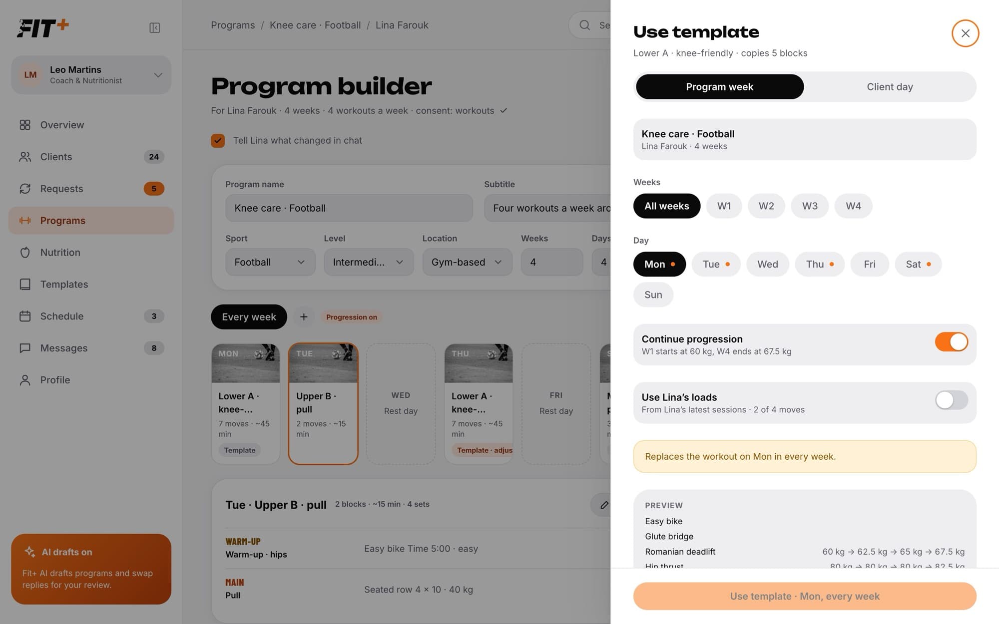 Use template panel on the Program week tab with week and day choices, progression and loads switches, a warning and a preview