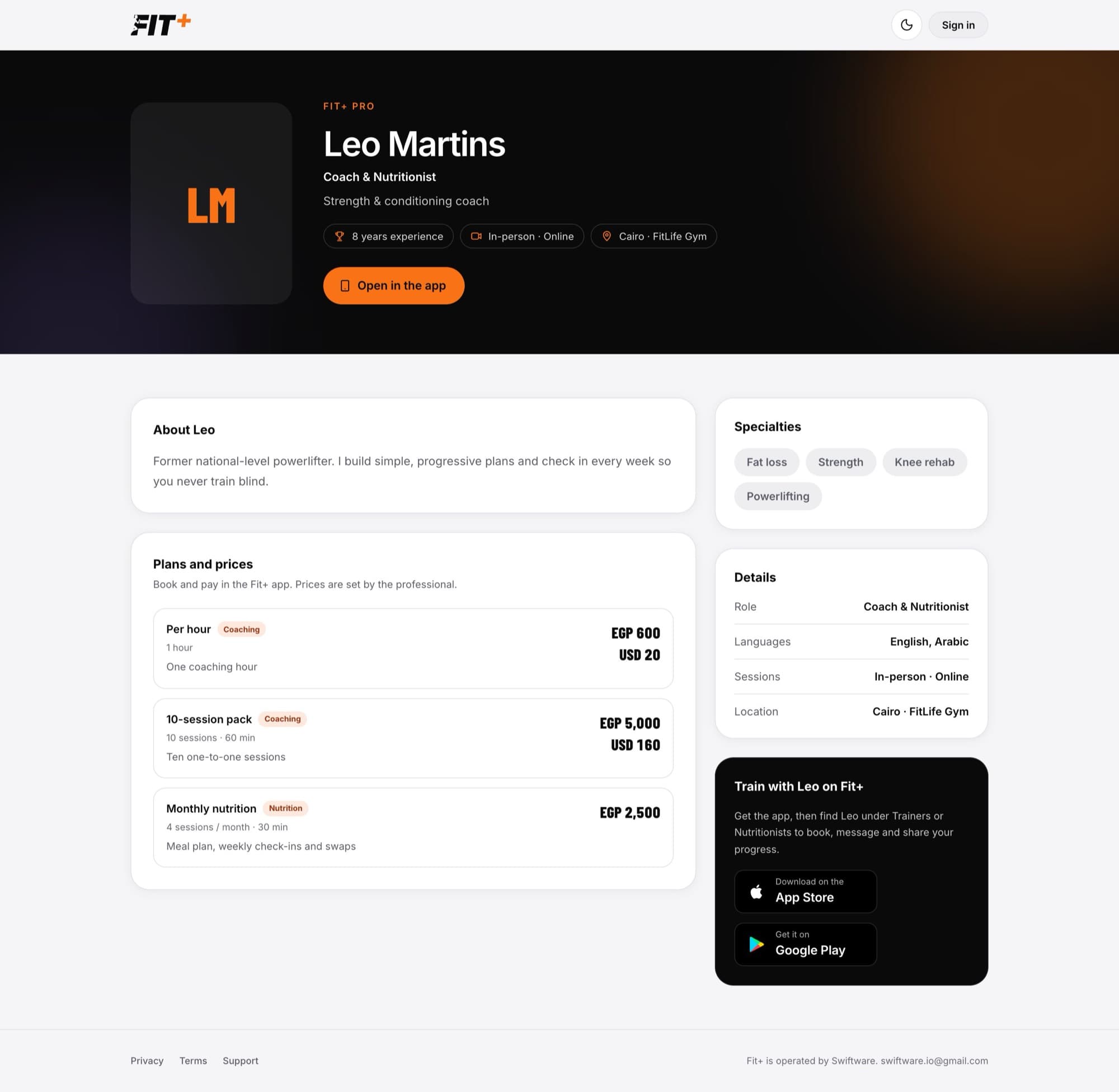 Public Fit+ Pro page with name, role, experience, specialties, plans and prices and app store buttons