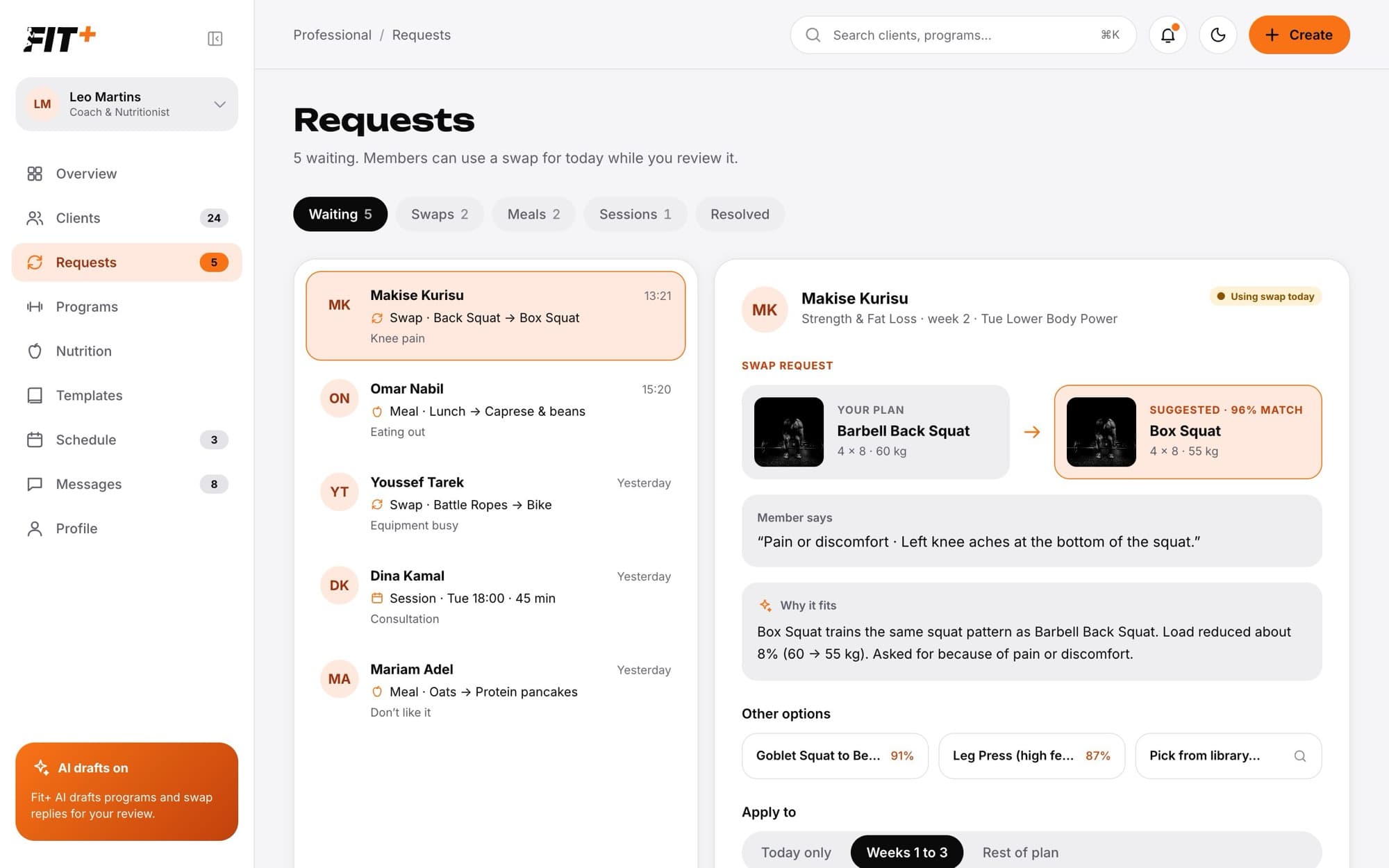 Requests page with a list of waiting requests on the left and a swap request on the right
