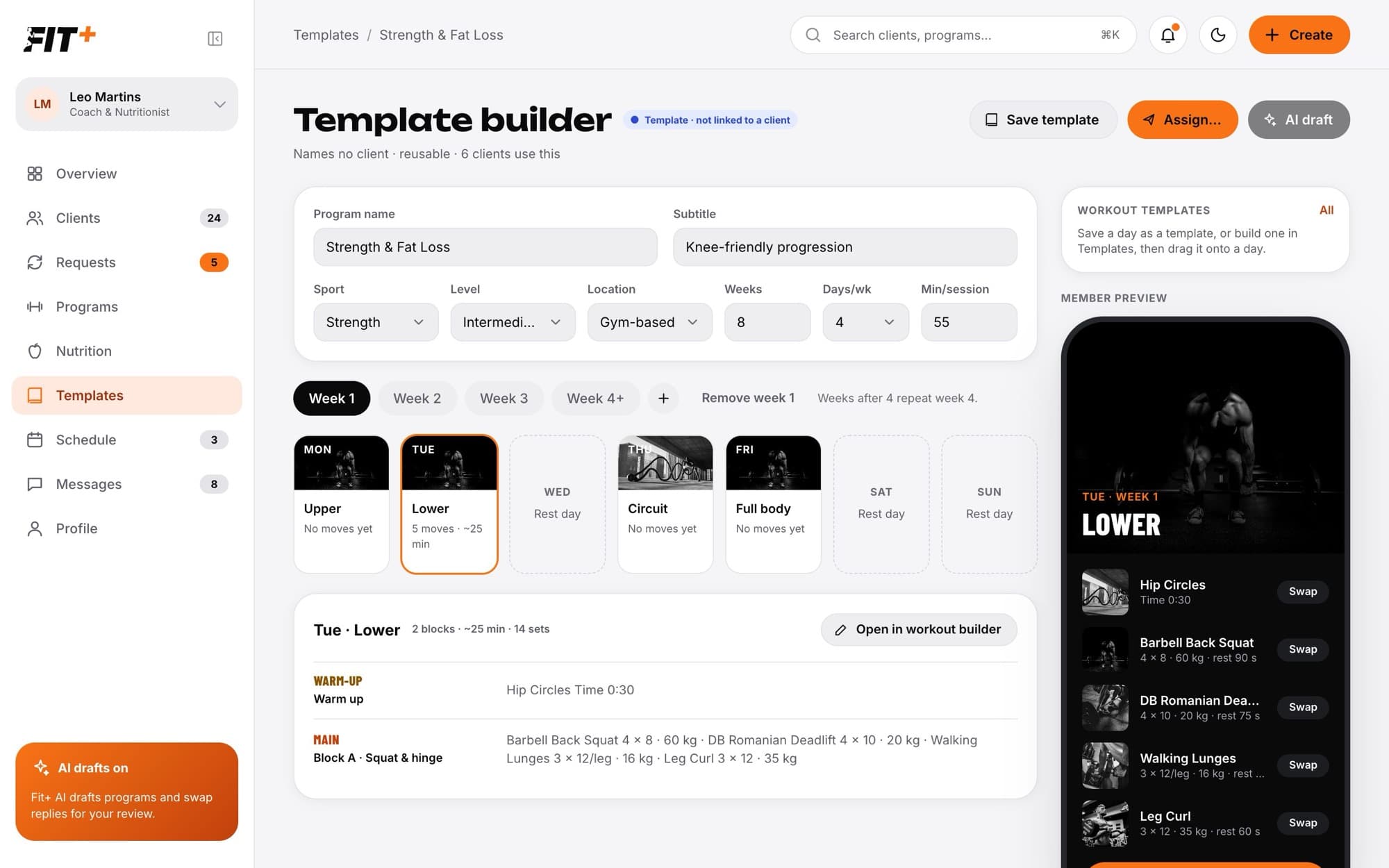 Template builder for a program, marked as not linked to a client, with week tabs and day cards