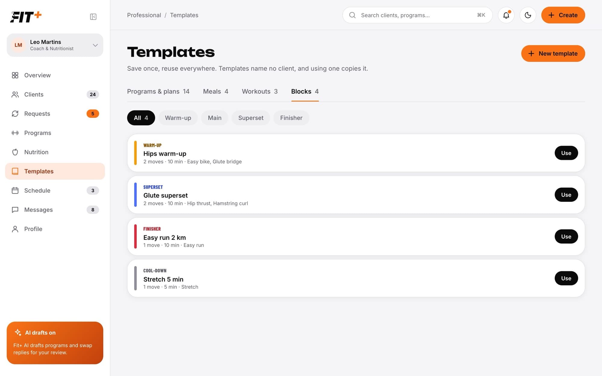 Blocks tab with colour-coded block template cards