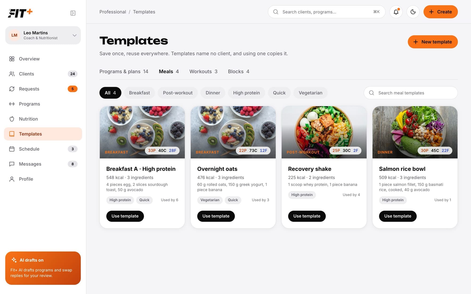 Meals tab with meal template cards showing slot, calories and ingredients