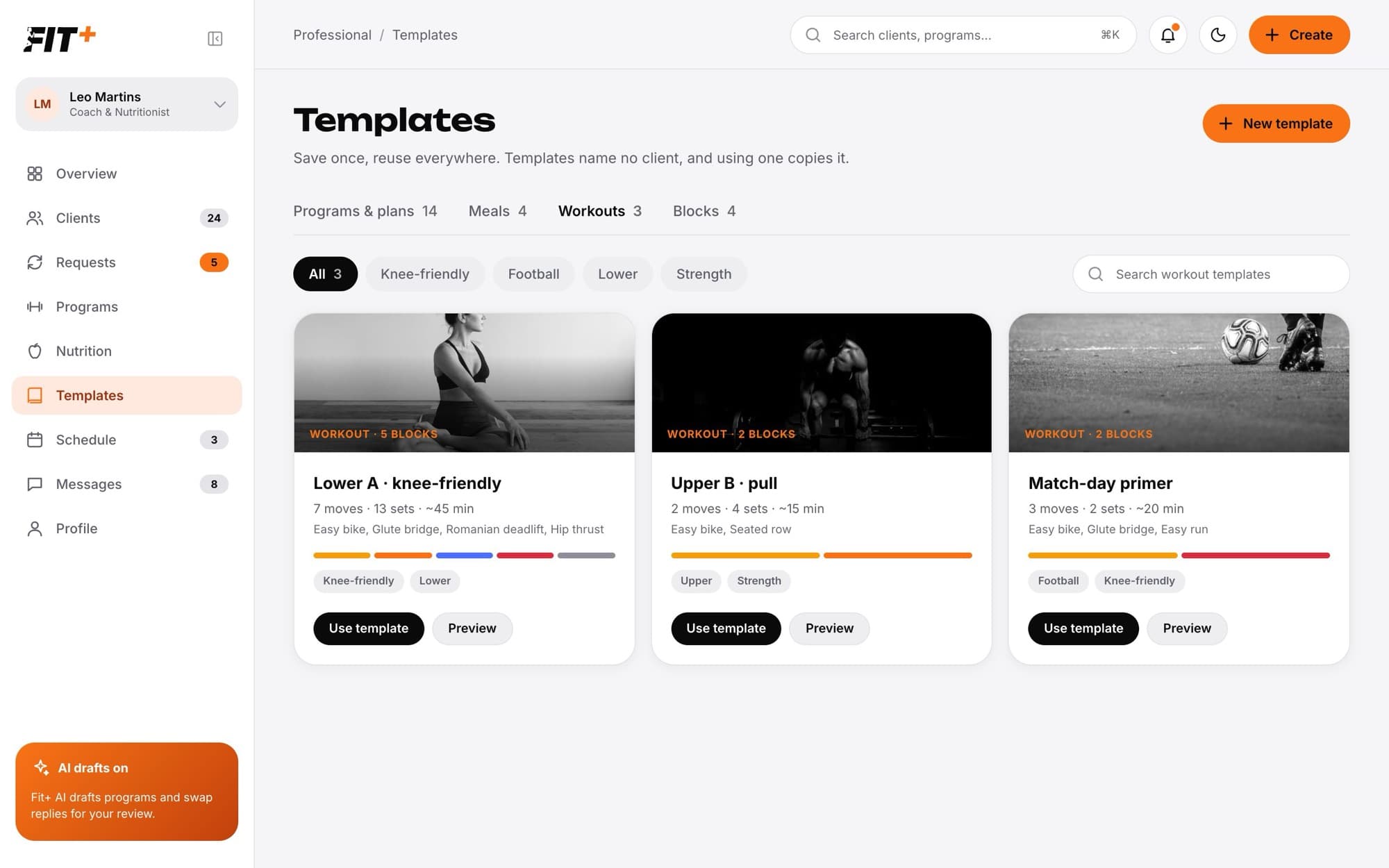 Workouts tab with workout template cards showing moves, sets, minutes and tags