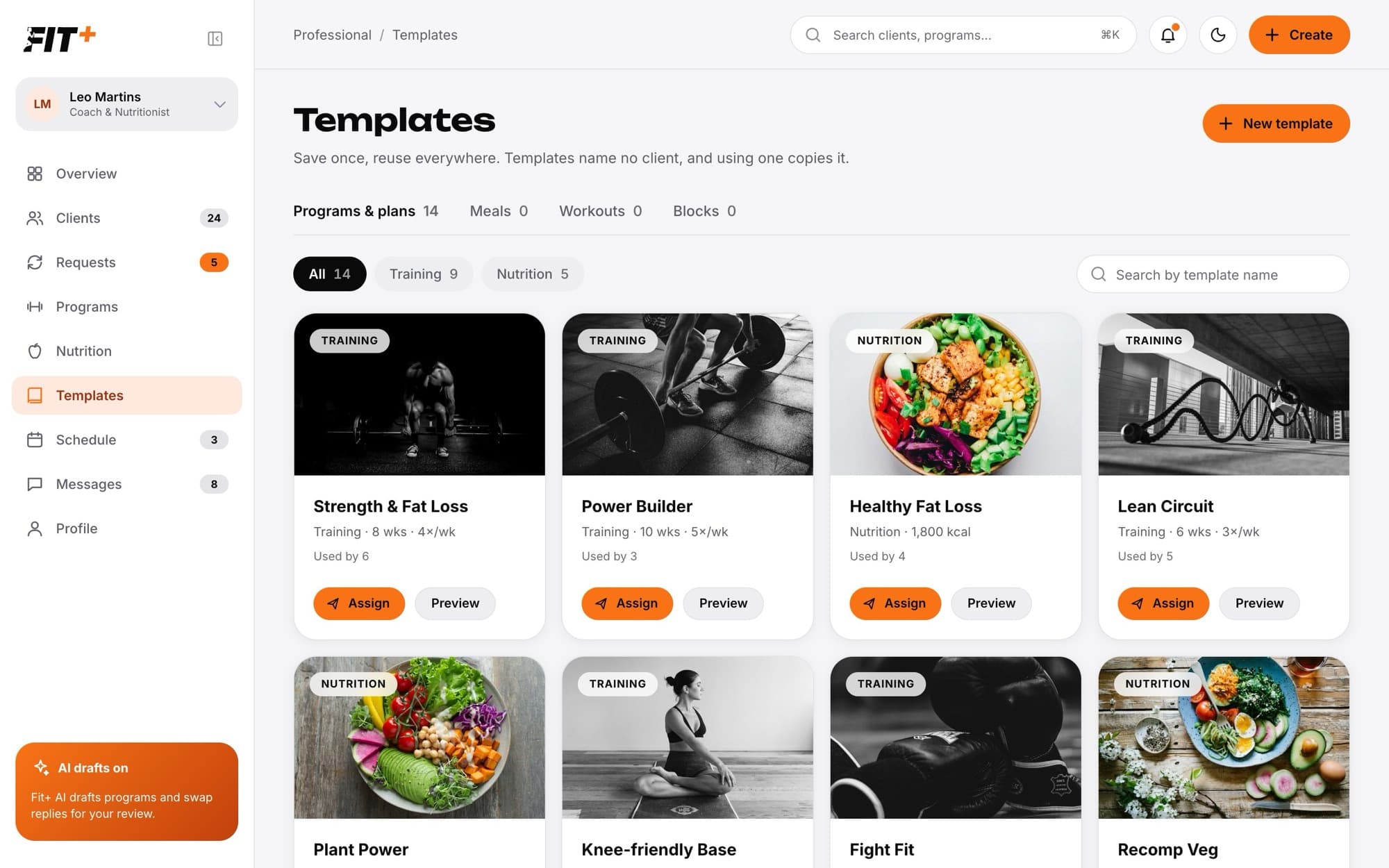 Templates page with Programs and plans, Meals, Workouts and Blocks tabs and template cards